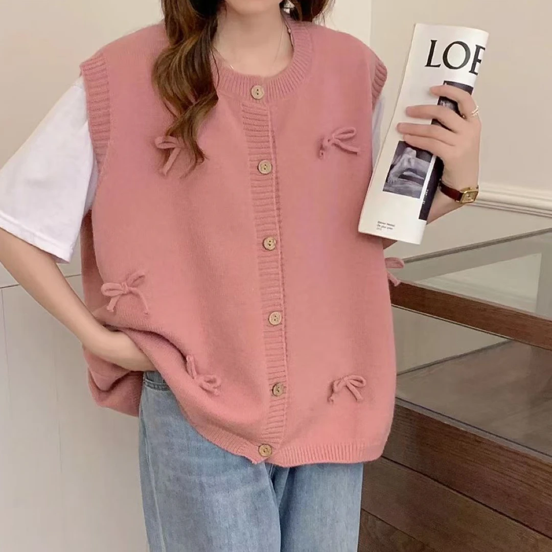 圆领蝴蝶结宽松大码针织马甲女秋装新款无袖毛衣背心叠穿无袖开衫