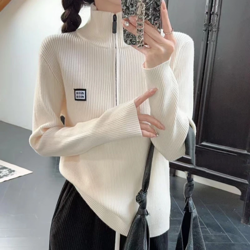 欧货2024秋冬新款半拉链高领针织衫女设计感小众毛衣打底内搭上衣