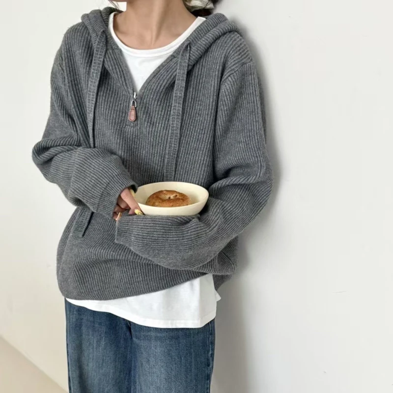 秋装新款休闲连帽毛衣上衣女慵懒风加厚针织衫宽松韩版时尚