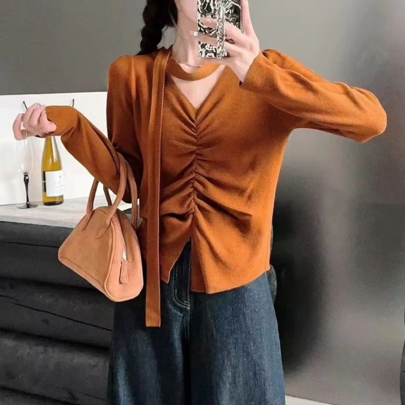 优雅法式V领小衫秋冬新款女装时尚设计感毛衣修身显瘦打底衫内搭