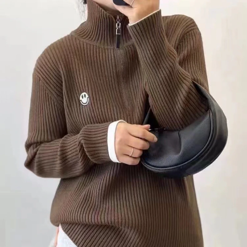 好穿实用宽松半开领毛衣上衣女春季穿搭坑条高领针织衫厚款打底衫