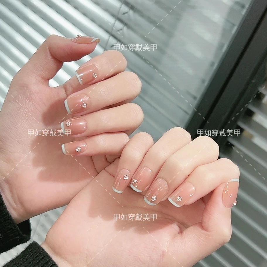 （短短T）蓝法式碎钻穿戴甲美甲贴片可拆卸假指甲贴片