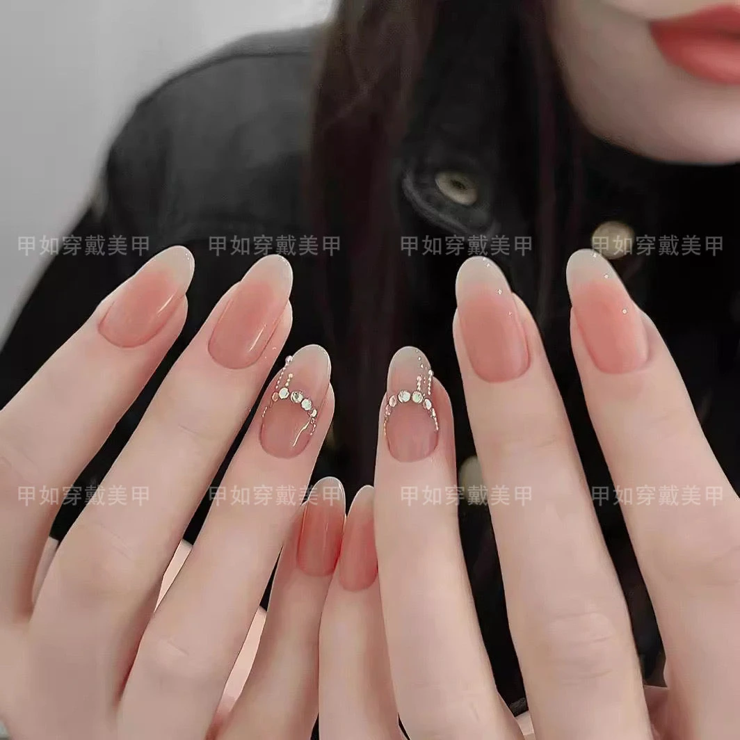 （长款）心心念新娘水钻杏仁甲穿戴甲美甲贴片可拆卸假指甲