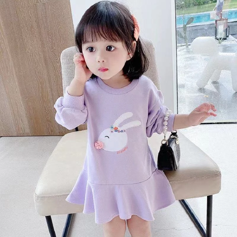 女童秋装2023新款时髦洋气长袖卡通小童连衣裙小女孩紫色公主裙子