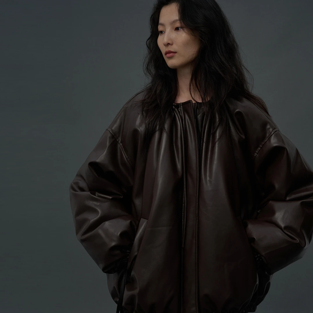 ZUM 黑色小众复古深咖色机车夹克女秋冬季宽松高级感百搭羽绒皮衣