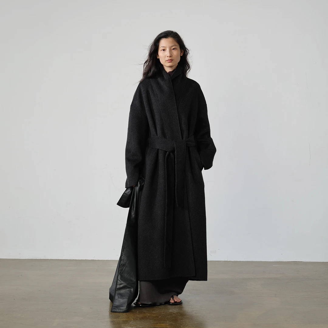 zum高级黑灰色羊毛大衣女浴袍款秋冬季大衣女加长款加厚呢子外套