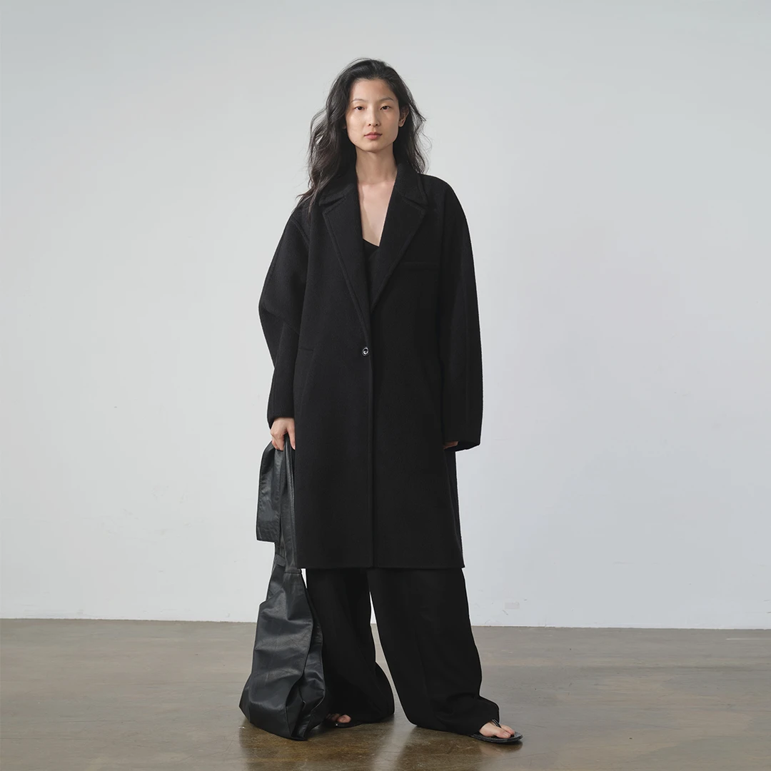 ZUM 2023新款女士黑色宽松大衣高级减龄双面呢大衣外套
