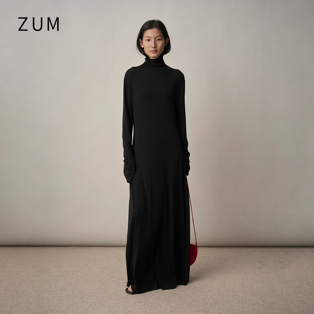 zum黑色连衣裙女长裙针织毛衫长款裙子秋冬新款高领修身内搭