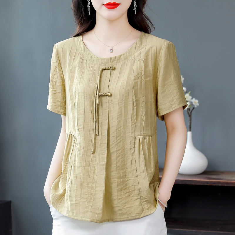 2024夏季新款亚麻短袖衬衫女减龄宽松大码洋气小衫遮肚子妈妈上衣