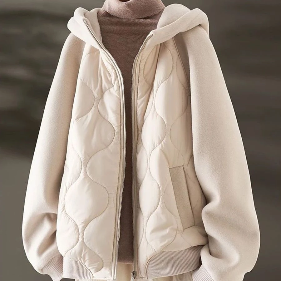 羊羔毛拼接加厚连帽棉衣女2023冬季新款棉服棉袄夹棉秋冬加棉外套