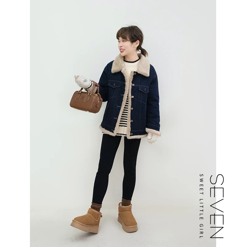 牛仔AB面②七七146小个子冬季保暖翻领双面穿毛毛短款外套女小美说
