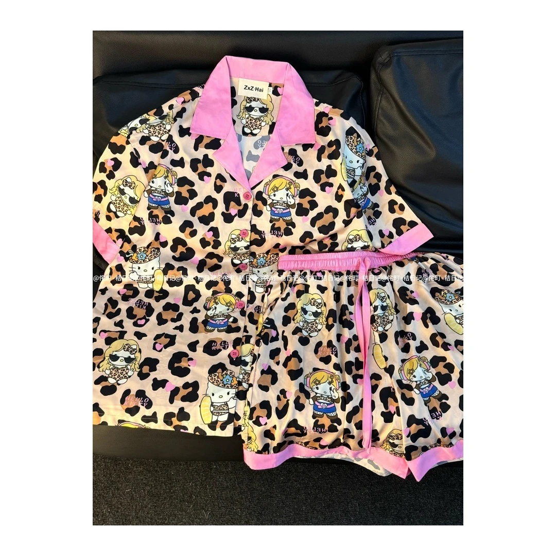 侘町夏季新款豹纹kitty冰丝睡衣少女卡通休闲可外穿小众韩风