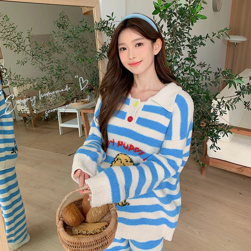 侘町2024新款小众条纹狗狗秋冬半边绒长袖睡衣女冬季可外穿家居服