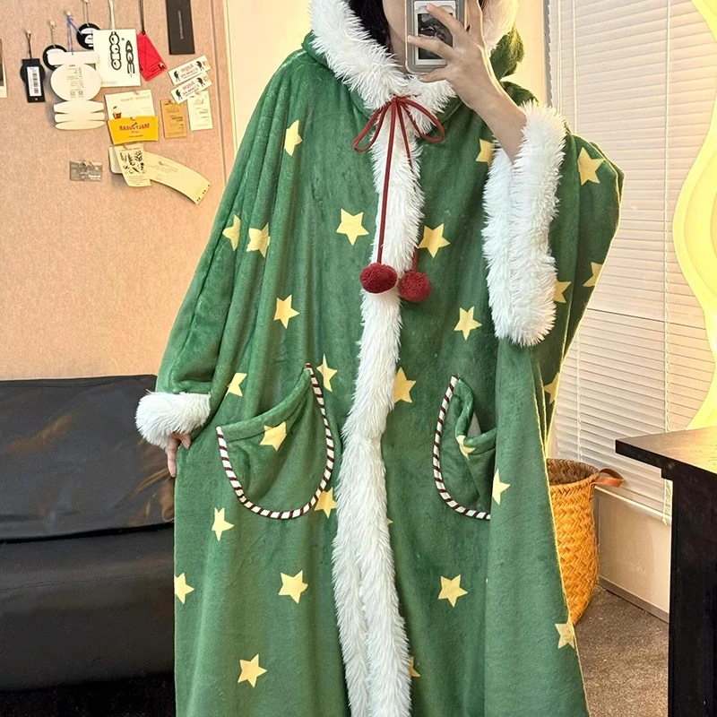 侘町2024年新款圣诞雪人法兰绒睡袍女秋冬款可外穿家居服斗篷冬季