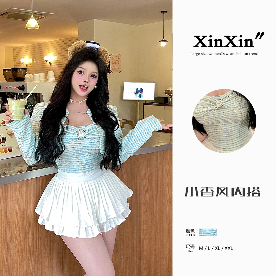 芯芯【京洛佳人】微胖mm纯欲小香风条纹短款抹胸内搭百搭显瘦上衣女