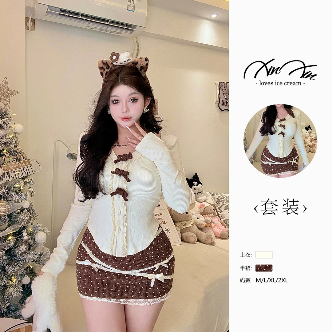 特价【洛岛麋鹿】甜辣微胖秋冬季蝴蝶结上衣蕾丝花边大码半身裙套装