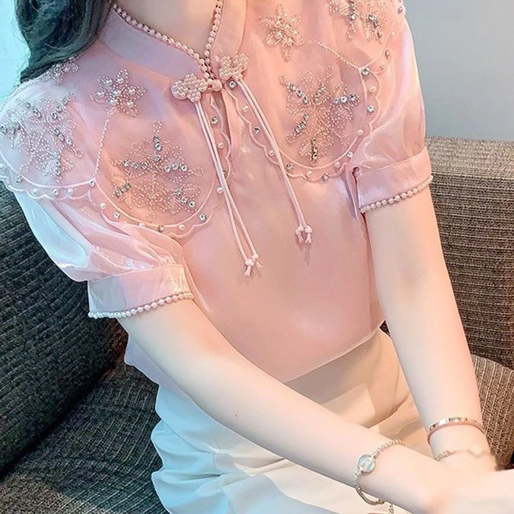 夏季短袖缎面雪纺衬衫女2025新款重工钉珠刺绣蕾丝高级感别致上衣