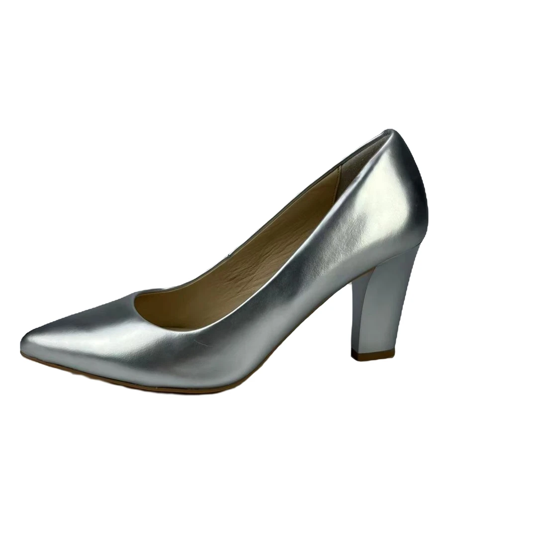 经典百搭时尚简约尖头女士单鞋气质高跟鞋真皮银色黑色浅口时装鞋