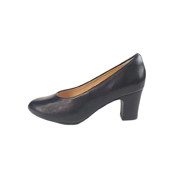 经典粗中跟净版圆头真皮女单鞋百搭粗跟浅口跟鞋女士黑色软底高跟