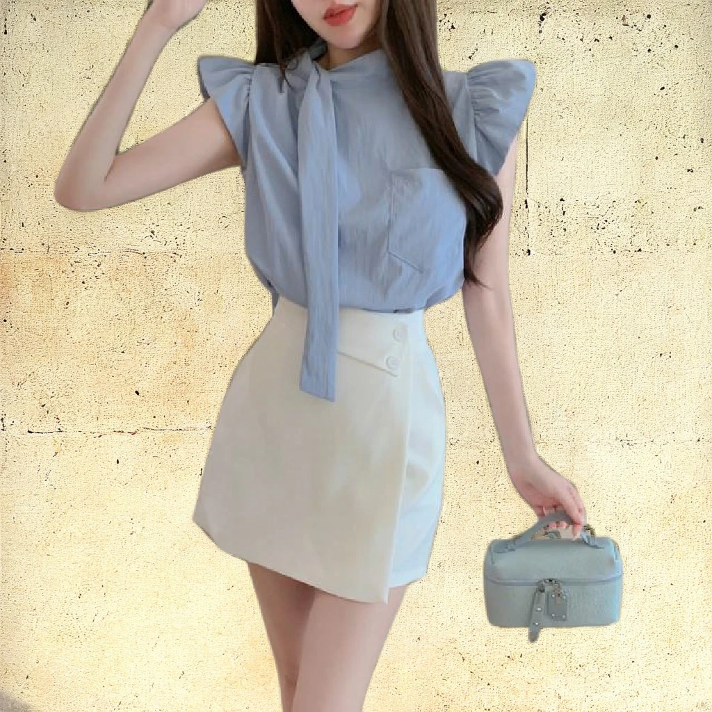 设计感飞飞袖系带衬衫夏季气质白色上衣时尚短裙两件套女