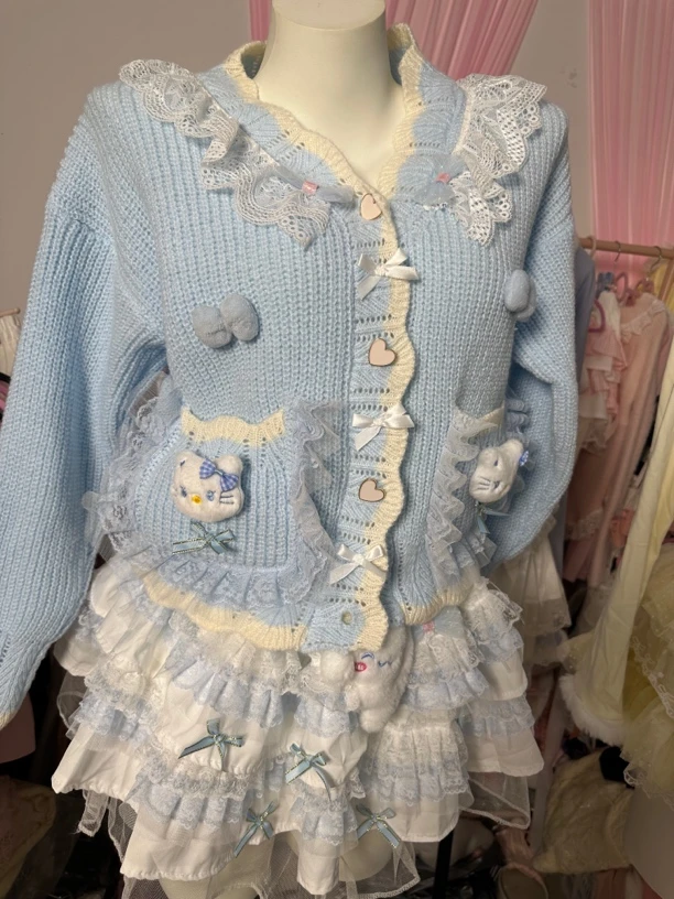 星陈定制手作蓝色毛衣套装女甜美可爱no退换