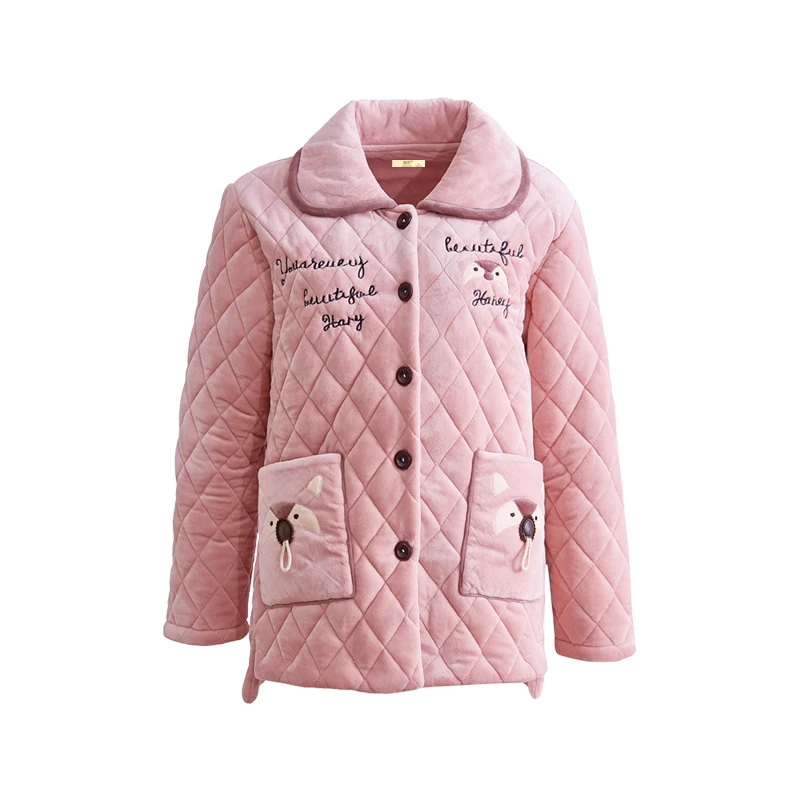 睡衣女秋冬季珊瑚绒加厚加绒三层夹棉袄保暖单件上衣法兰绒家居服