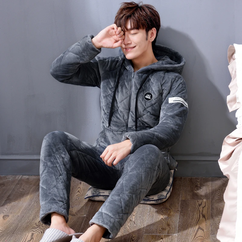 辉豹男士睡衣秋冬季加厚加绒珊瑚绒中老年爸爸三层夹棉家居服套装