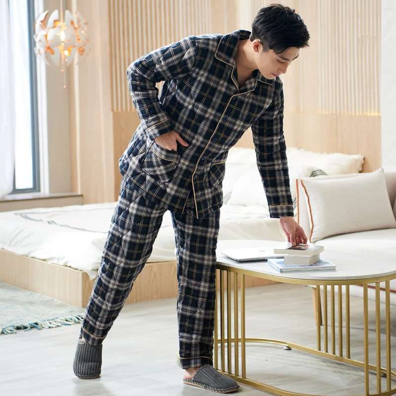 辉豹男士睡衣秋冬季加厚纯棉夹棉袄中老年爸爸三层全棉家居服套装