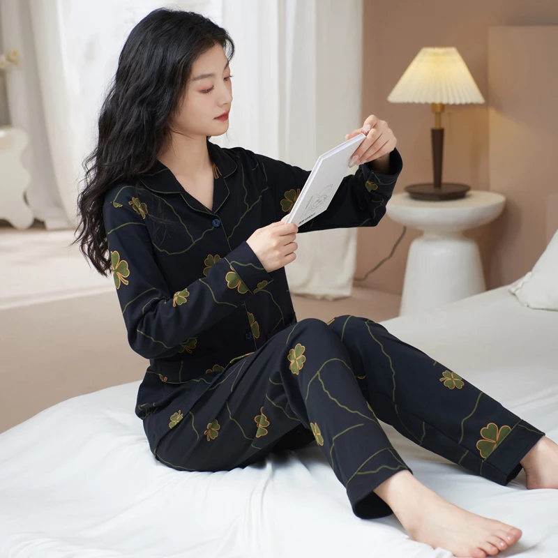 辉豹居家服睡衣女春秋款纯棉长袖开衫中老年妈妈可外穿家居服套装