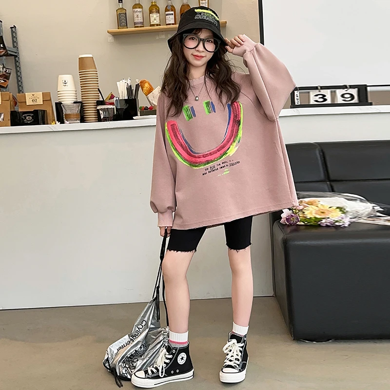 女童卫衣秋装中大童2024新款时髦中长款休闲上衣女孩韩版百搭T恤