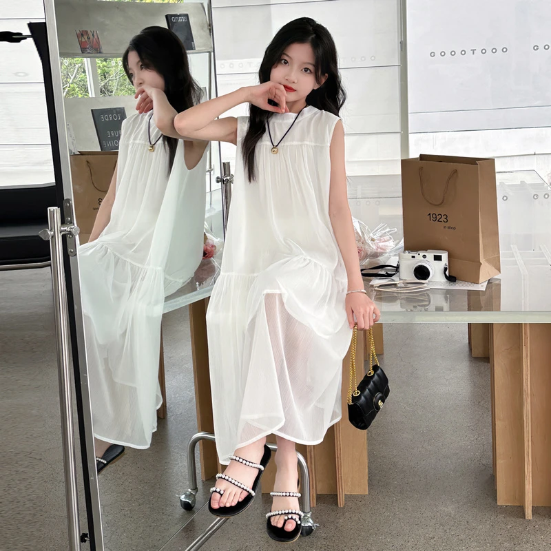 女童连衣裙新款洋气裙子夏季海边6-12岁中大童韩版无袖连衣裙潮