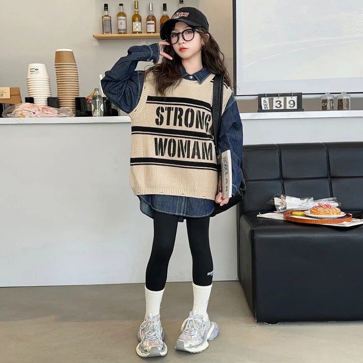 女童秋季2025新款儿童洋气时髦套装春秋童装女大童毛线马甲8-12岁