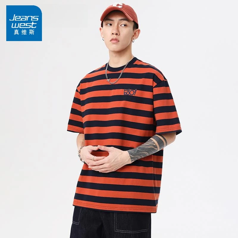 Jeanswest/真维斯夏季230克重磅条纹短男夏季宽松大码青少年T恤