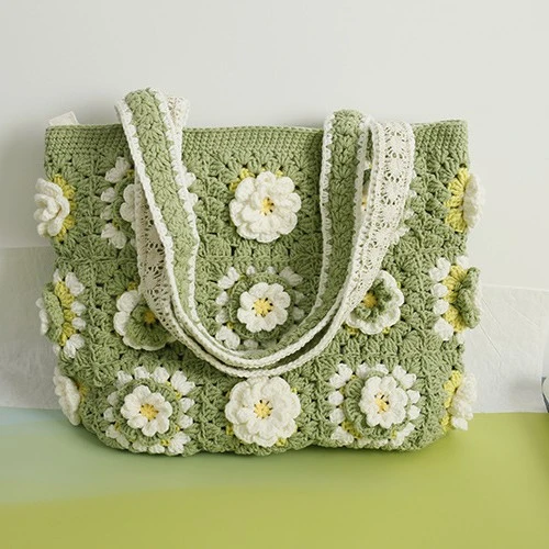 成品夏季甜美手工编织单肩包抹茶花片毛线钩织女包手作挎包成品