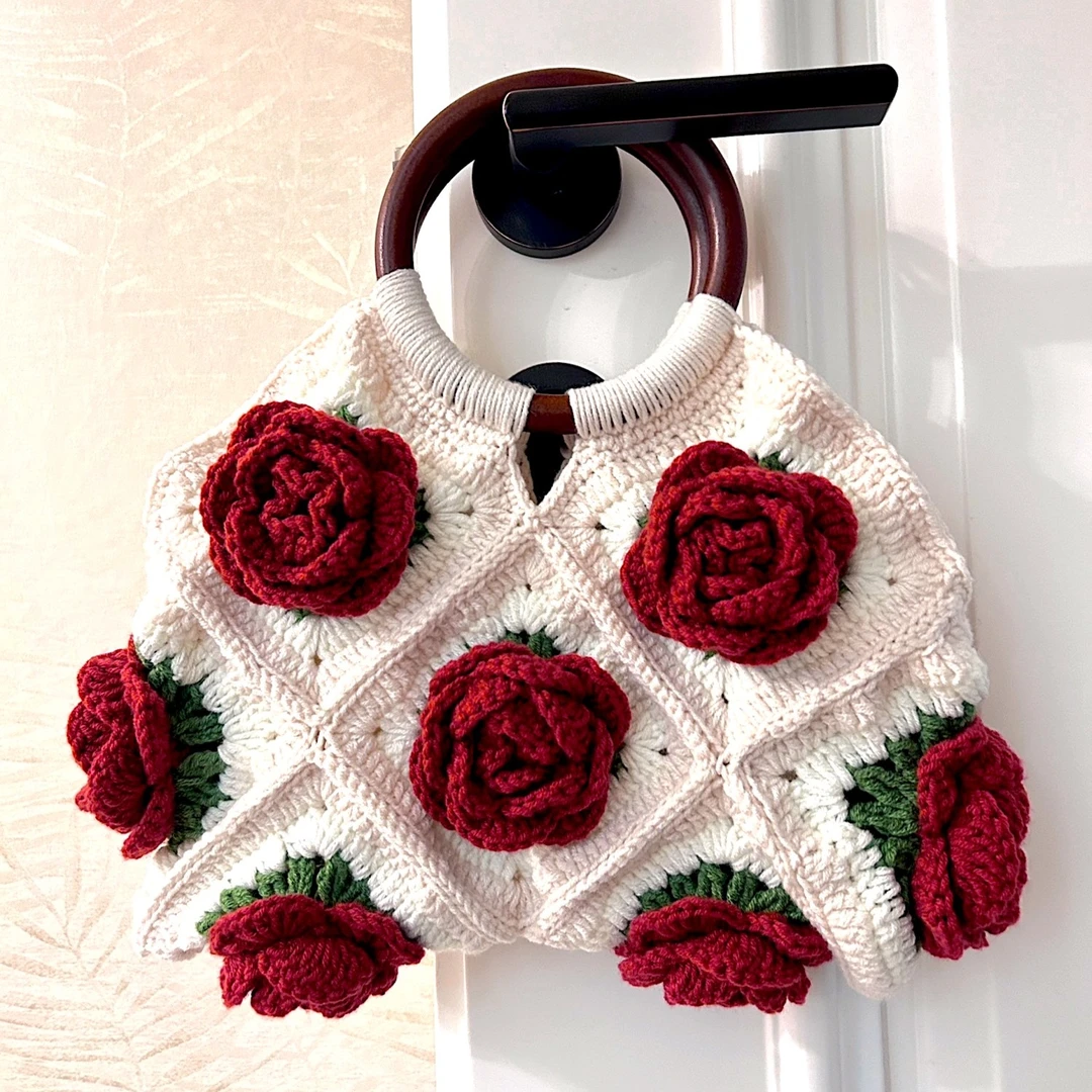 复古山茶花手提包diy制作立体材料包手工毛线钩织手柄树脂 百搭包