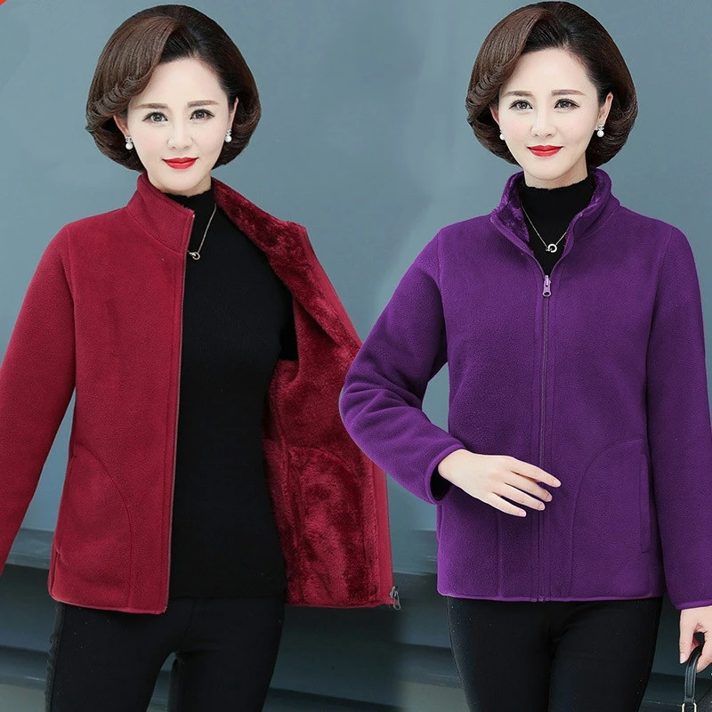 中老年妈妈装加绒摇粒绒外套两面穿秋冬奶奶大码中年女装保暖抓绒