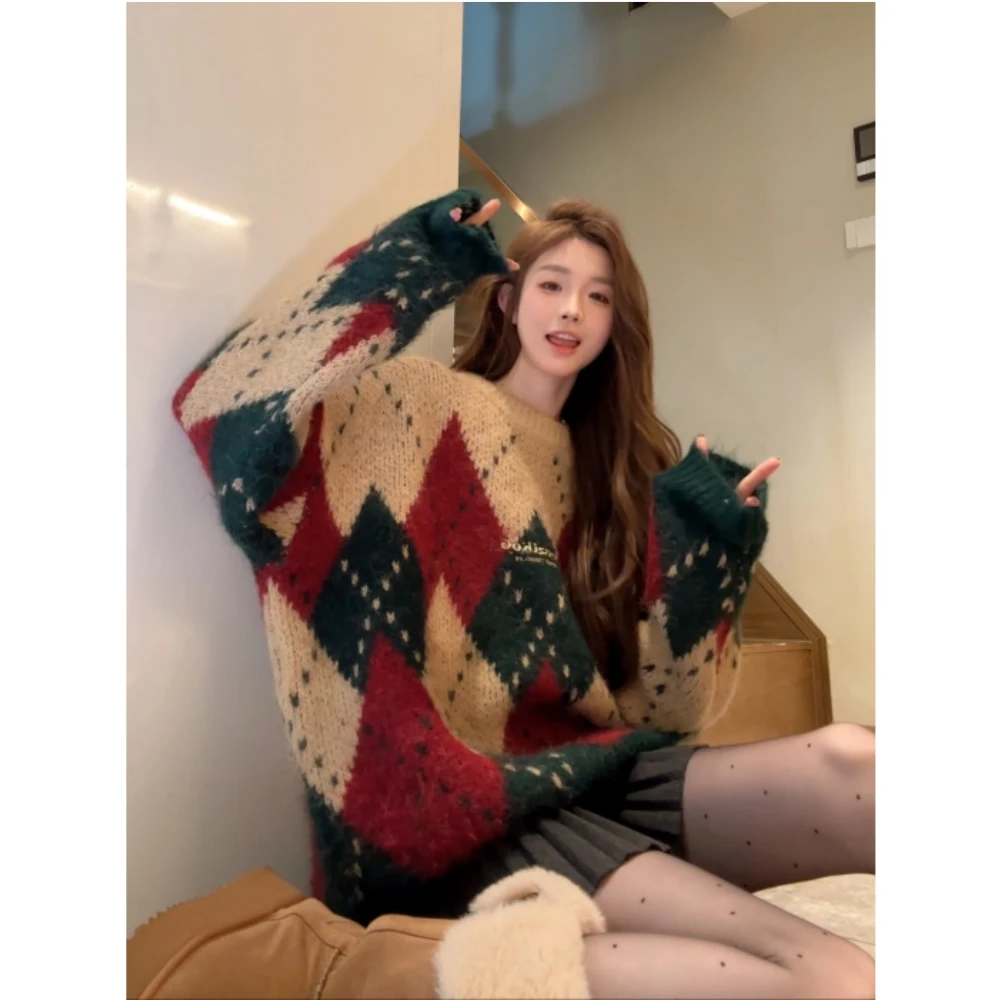 复古重工圣诞毛衣女秋冬潮牌美拉德美式复古宽松圆领针织衫女