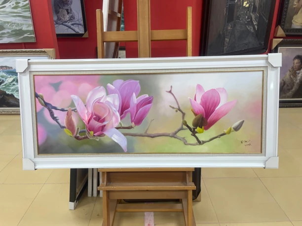 床头挂画 餐厅挂画 原创油画《玉兰花》尺寸：60/140CM新中式手绘