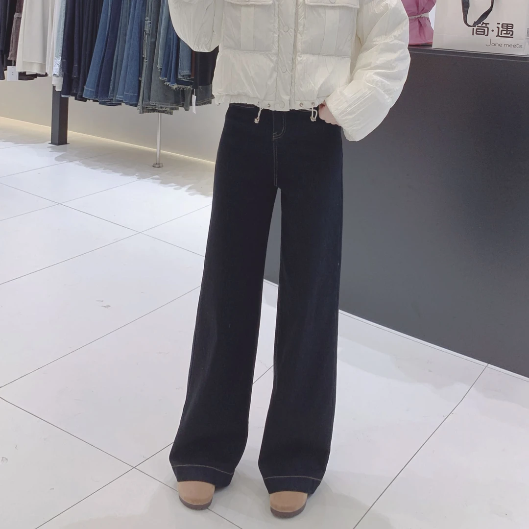 新款植绒黑金色小个子窄版弹力显瘦高腰牛仔裤阔腿直筒裤时尚百搭