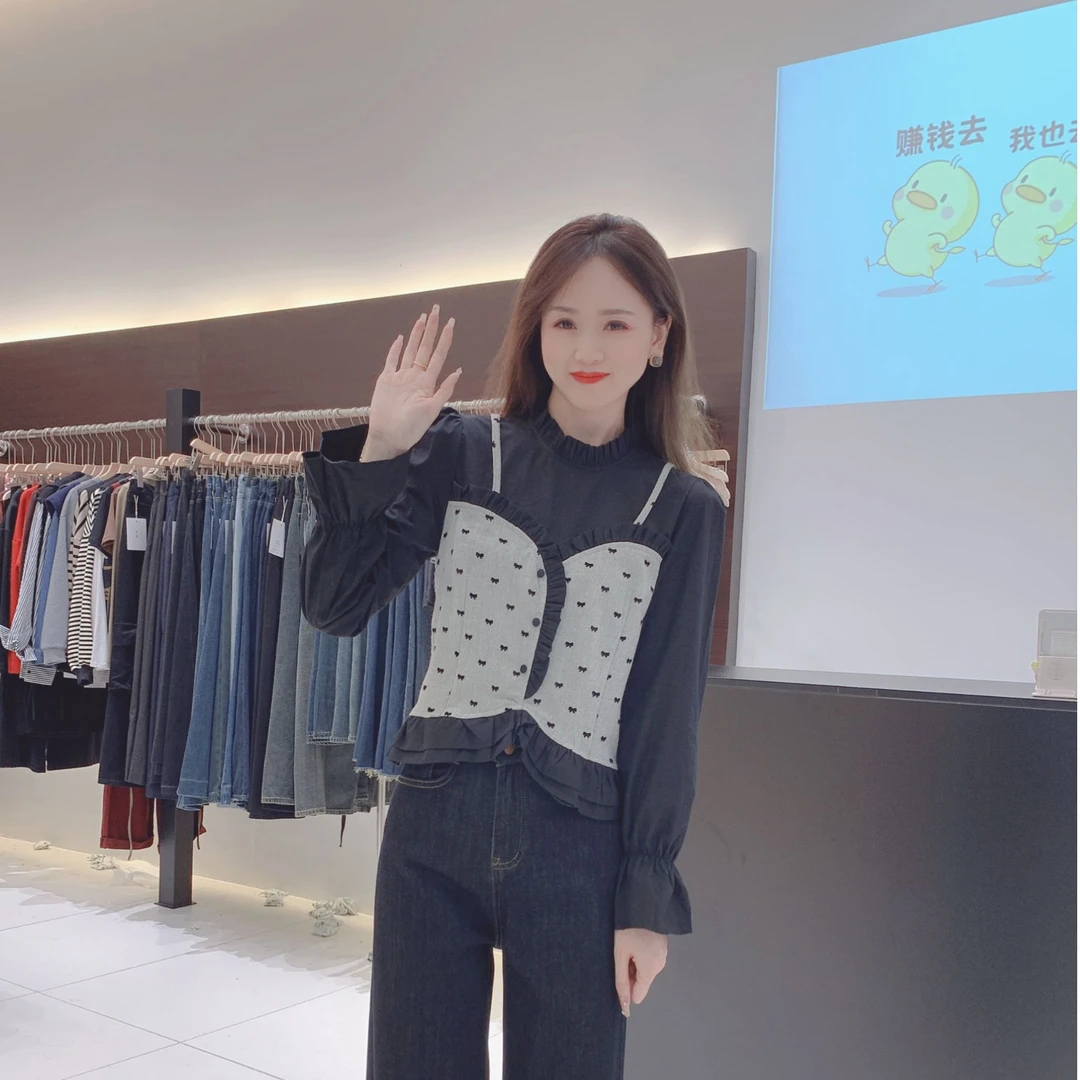 小众设计感假两件别致绝美小衫法式荷叶边氛围感气质时尚长袖上衣