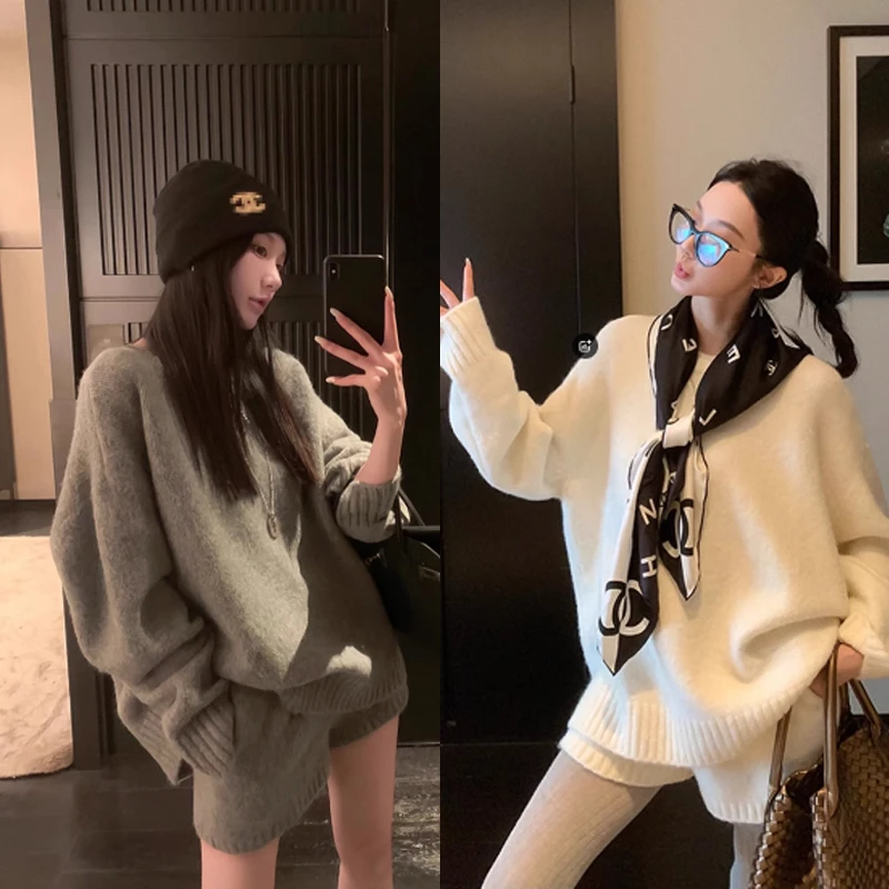 慵懒风圆领毛衣休闲套装女秋冬季宽松针织衫高腰短裤毛衣套装