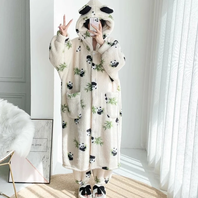 熊猫加肥大码羊羔绒睡衣开衫加厚绒连帽睡袍两件套胖mm家居服冬季