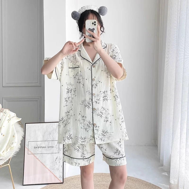 纯棉双层纱夏季简约睡衣女开衫短袖短裤两件套加肥大码胖mm家居服