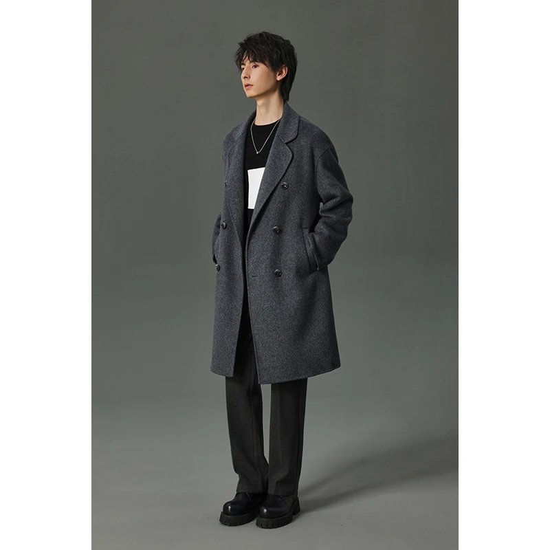 【反季专属价~双面（羊毛+骆驼绒）大衣】休闲宽松中长款毛呢男外套35