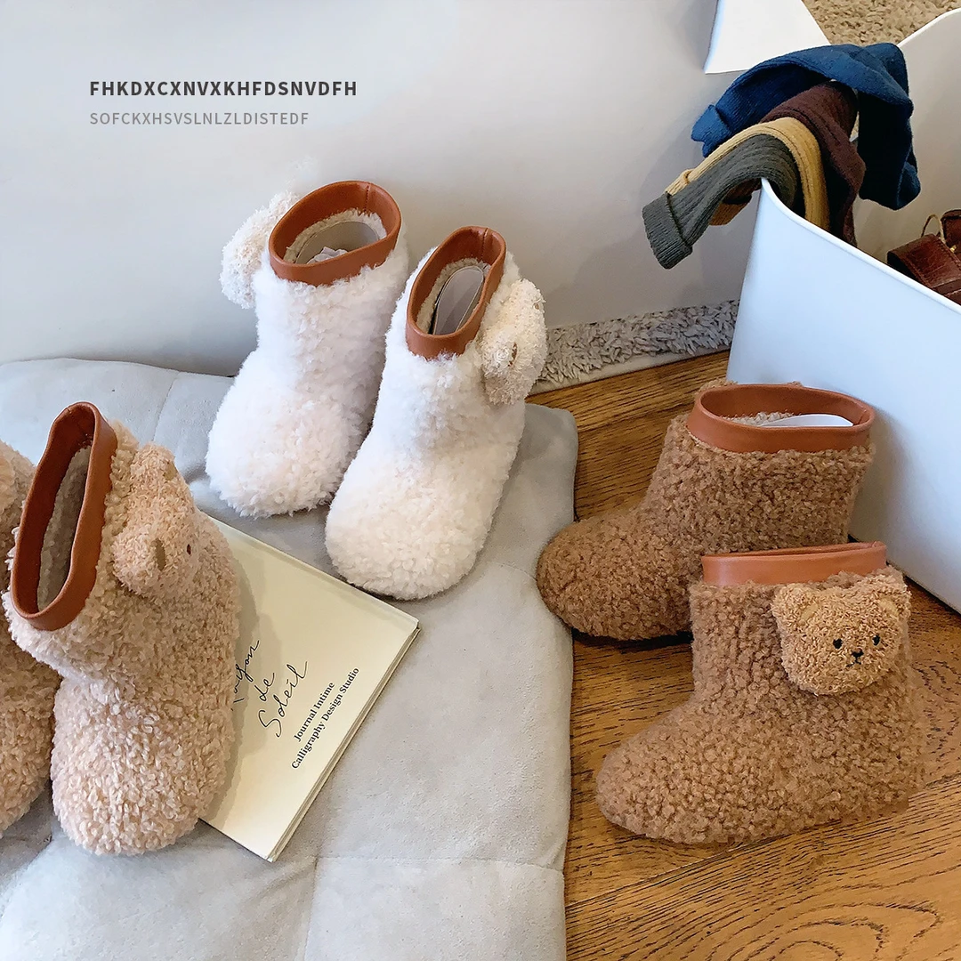 可爱小熊冬季童鞋小童儿童雪地靴女童棉鞋毛毛短靴加绒宝宝鞋子