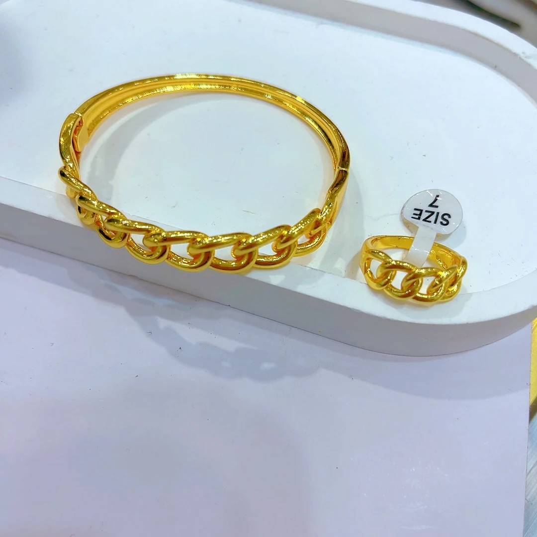 铜合金手镯 1434新款手镯戒指一套气质时尚百搭简约金色精美