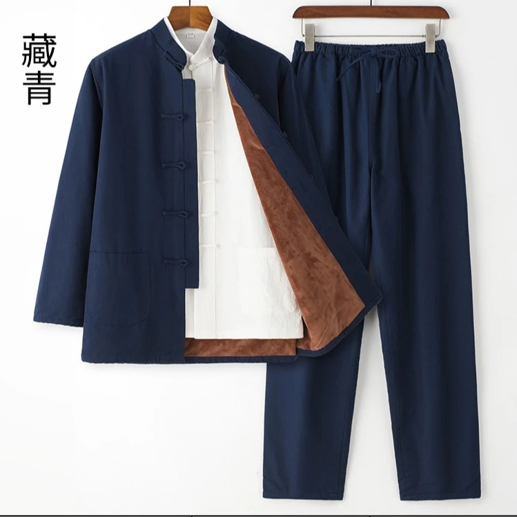 棉麻唐装男加绒加厚保暖套装中老年棉袄中式男装复古汉服秋冬外套