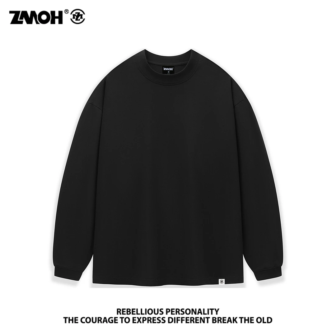ZMOH春秋纯棉户外简约百搭休闲宽松圆领重磅长袖T恤卫衣男女同款