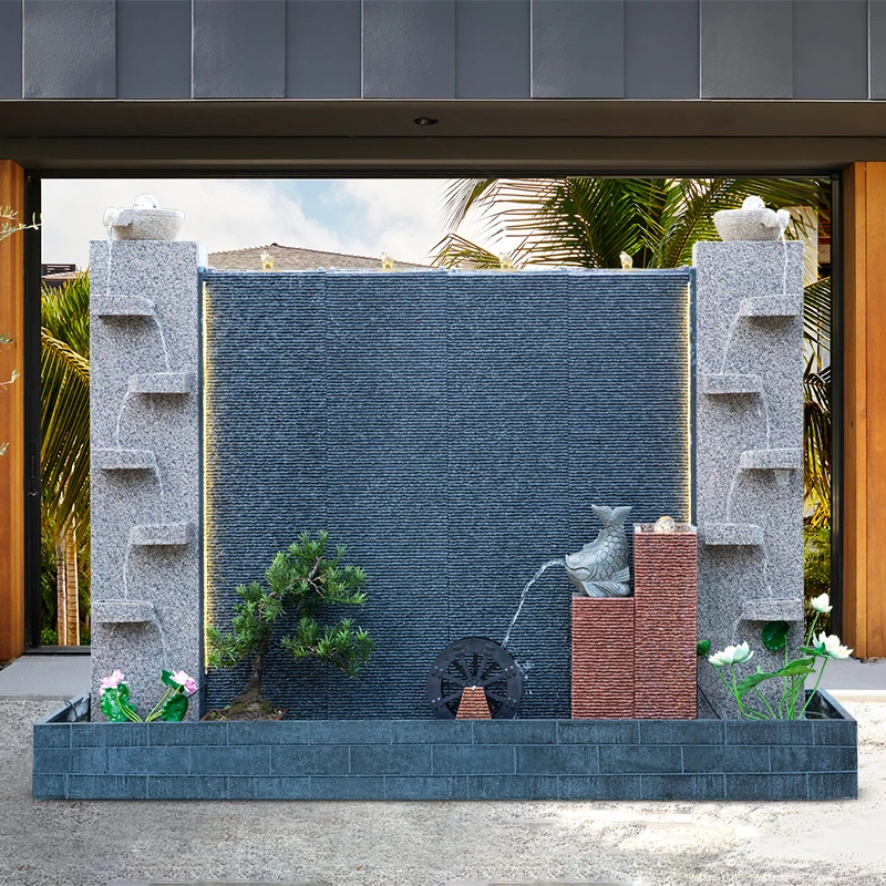 室外石材水幕墙庭院造景布置别墅鱼池背景墙假山喷泉流水景观摆件