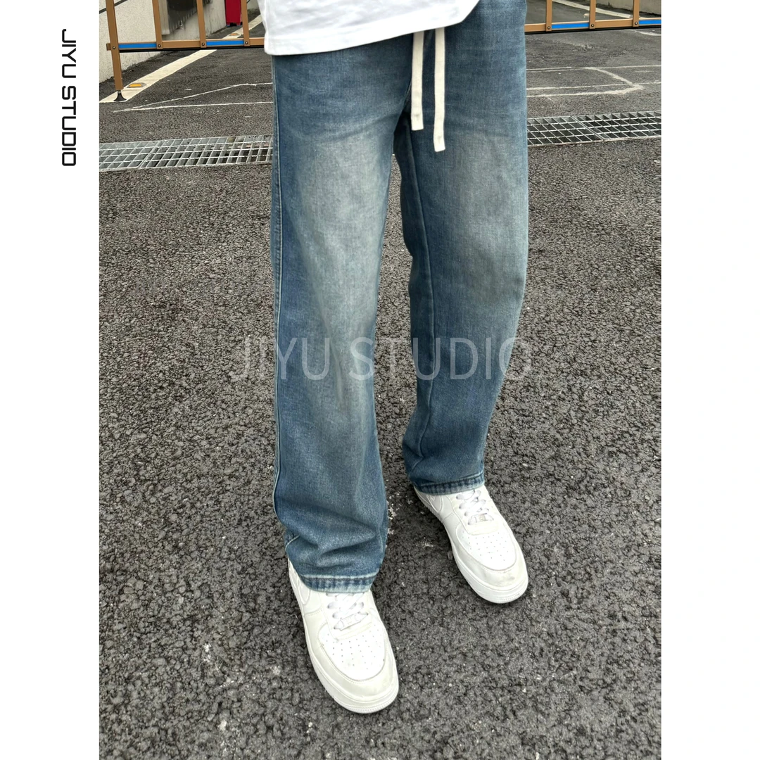 JIYU st 夏季潮牌原创设计简约时尚松紧抽绳宽松直筒水洗牛仔裤男